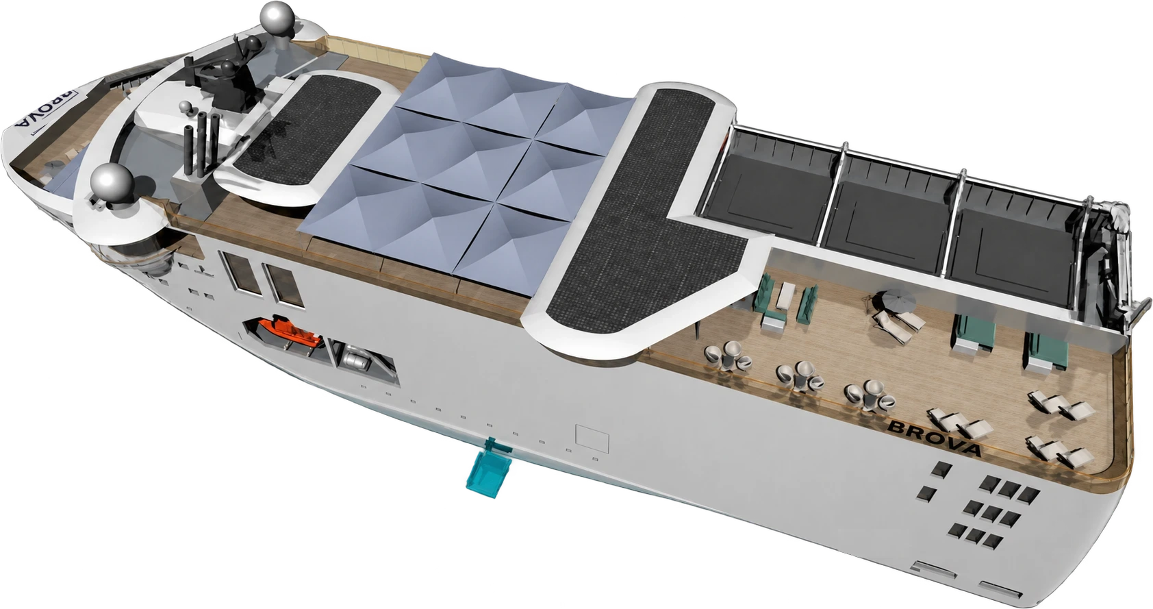 Top deck of Brova 1 with the solar canopy, mingling area and the top deck screens.