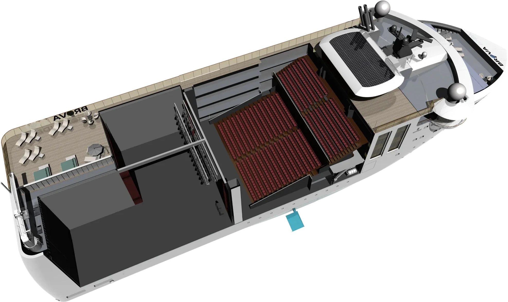 Cutaway of Brova 1: the indoor concert hall and the volume of the outdoor stage.